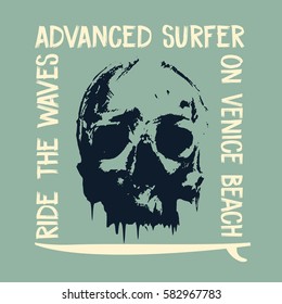 typographic vector illustration of  skull and surfing theme . vector illustration