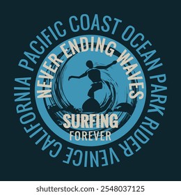  typographic vector illustration of surf and california theme.t shirt graphics