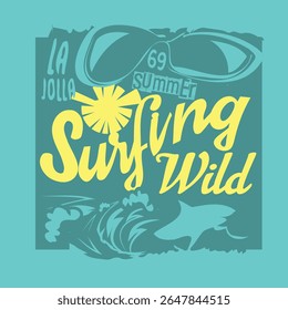 typographic vector illustration of surf and shark theme. tee  shirt graphics , print