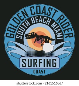 typographic vector illustration of surf theme with dinosaur figure. tee shirt graphics .print