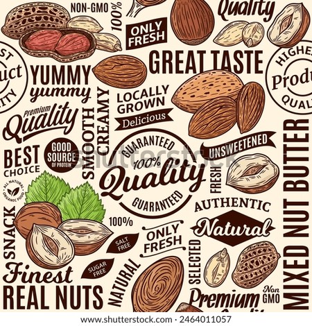 Typographic vector mixed nut butter seamless pattern or background, nut kernels and shells