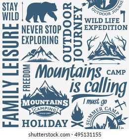 Typographic vector mountain and outdoor adventures seamless pattern or background.