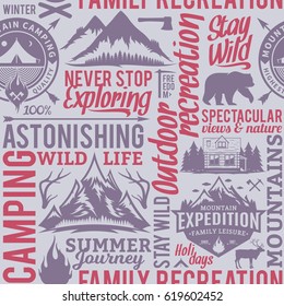 Typographic vector mountain and outdoor adventures seamless pattern or background.