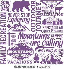 Typographic vector mountain and outdoor adventures seamless pattern or background.