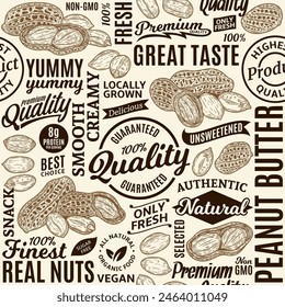 Typographic vector peanut butter seamless pattern or background, peanut kernels and shells