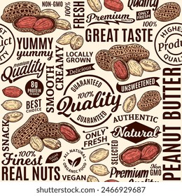 Typographic vector peanut butter seamless pattern or background, peanut kernels and shells