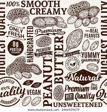 Typographic vector peanut butter seamless pattern or background, peanut kernels and shells