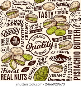 Typographic vector pistachio butter seamless pattern or background, pistachio kernels and shells