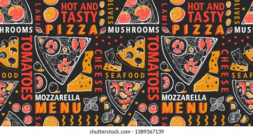 Typographic vector pizza and ingredients seamless pattern. Italian food design template. Hand drawn vector illustration on dark background. Can be use for menu or packaging.