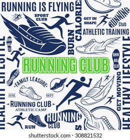 Typographic vector running club seamless pattern or background