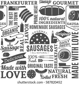 Typographic vector sausage seamless pattern or background.