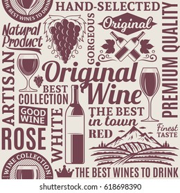 Typographic vector wine seamless pattern or background.
