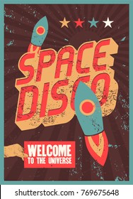 Typographic vintage Space Disco Party poster design. Retro vector illustration.