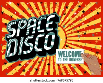 Typographic vintage Space Disco Party poster design. Retro vector illustration.