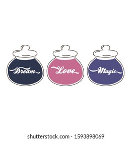 typographic words: dream, love, magic in old fashion apothecary jars, vector