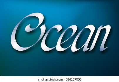 Typographical abstract design concept with elegant calligraphic Ocean ribbon inscription on blue background isolated vector illustration