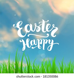 Typographical Background with Happy Easter Lettering. Green Grass, Sun and Sky. Spring Design.