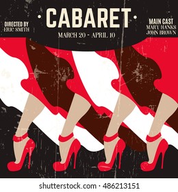 Typographical background with illustration of legs in red shoes with high heels. Template for cabaret poster card banner. Vintage texture.