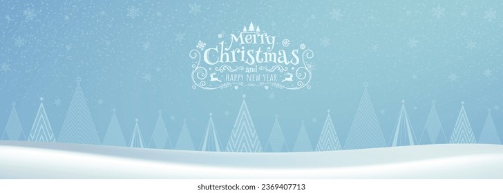 Typographical Christmas and New Year Greetings on a Shiny Xmas Background with a Winter Landscape, Snowflakes, and Christmas Tree. Merry Christmas Card. Vector Illustration.