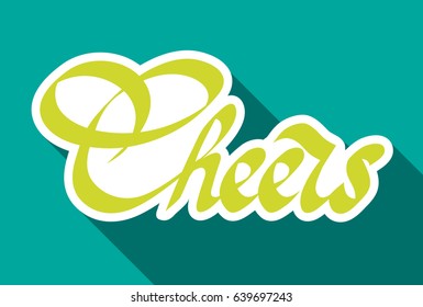 Typographical design concept with calligraphic stylized paper Cheers inscription on turquoise background isolated vector illustration