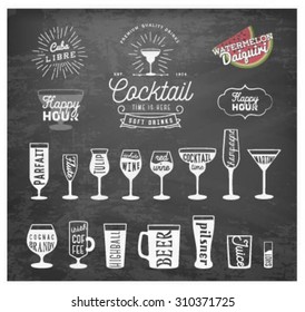 Typographical Drinks Design Elements in Vintage Style on Chalkboard