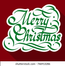 Typographical festive design concept with handwritten stylized paper Merry Christmas inscription on red background isolated vector illustration