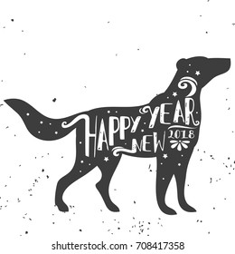 Typographical greeting card. Dog. Happy new year 2018. Lettering. Grunge texture. Can be used as a print for bags posters and greeting card.  Element for design