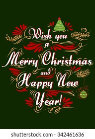 Typographical greeting card. Merry Christmas/Happy new year. Lettering. Can be used as a print  for posters and invitations. Vintage. Hand drawn/Element for design