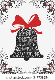 Typographical greeting card. Merry Christmas/Happy new year. Lettering. Can be used as a print  for posters and invitations. Vintage. Hand drawn/Element for design