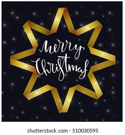 Typographical greeting card. Ribbon in the form of stars. Merry christmas lettering design. 3d ribbon. Design of print on T-shirts and bags, for posters and invitations. Vector illustration. 