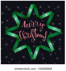Typographical greeting card. Ribbon in the form of stars. Merry christmas lettering design. 3d ribbon. Design of print on T-shirts and bags, for posters and invitations. Vector illustration. 