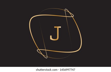 Typographical logo with a large letter J. The emblem with decorative vortices in metallic color is isolated on a black background. Vector illustration.