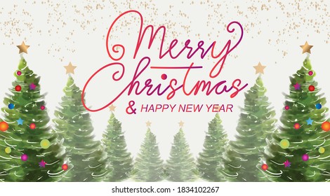 Typographical on shiny Xmas background with winter landscape with snowflakes, light, stars. Merry Christmas card. 
