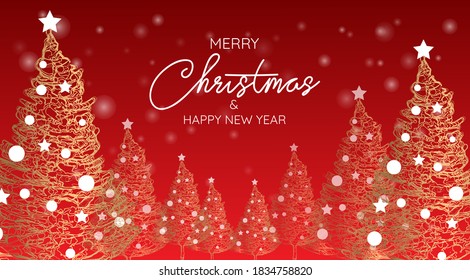 Typographical on shiny Xmas background with winter landscape with snowflakes, light, stars. Merry Christmas card. 