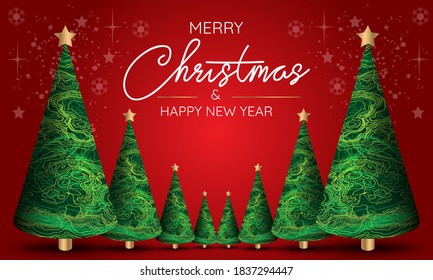 Typographical on shiny Xmas background with winter landscape with snowflakes, light, stars. Merry Christmas card. 