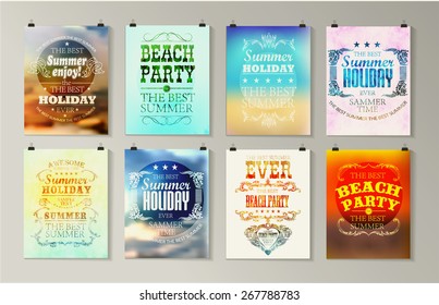 Typographical poster, retro design. Elements for Summer Holidays with colorful background. Calligraphic designs and ornaments 