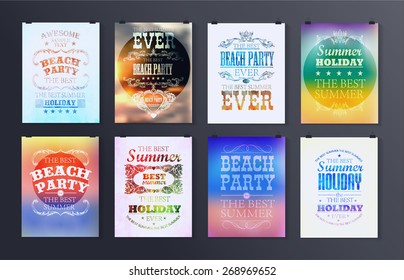 Typographical poster, retro design. Elements for Summer Holidays with colorful background. Calligraphic designs and ornaments 