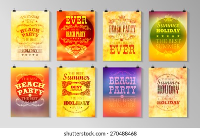 Typographical poster, retro design. Elements for Summer Holidays with colorful background. Calligraphic designs and ornaments 