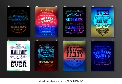 Typographical poster, retro design. Elements for Summer Holidays with colorful background. Calligraphic designs and ornaments 