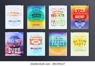 Typographical poster, retro design. Elements for Summer Holidays with colorful background. Calligraphic designs and ornaments 
