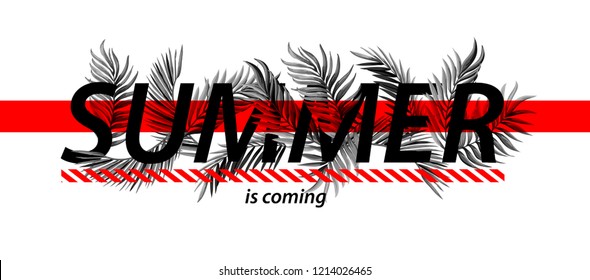 Typographical print for t-shirt with tropical leaves and slogan. 