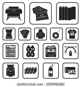 Typographical products black icons in set collection for design. Printing and equipment vector symbol stock web illustration.