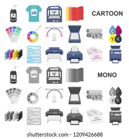 Typographical products cartoon icons in set collection for design. Printing and equipment vector symbol stock web illustration.