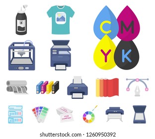 Typographical products cartoon icons in set collection for design. Printing and equipment vector symbol stock web illustration.