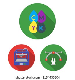 Typographical products flat icons in set collection for design. Printing and equipment vector symbol stock web illustration.