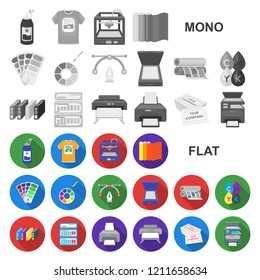 Typographical products flat icons in set collection for design. Printing and equipment vector symbol stock web illustration.