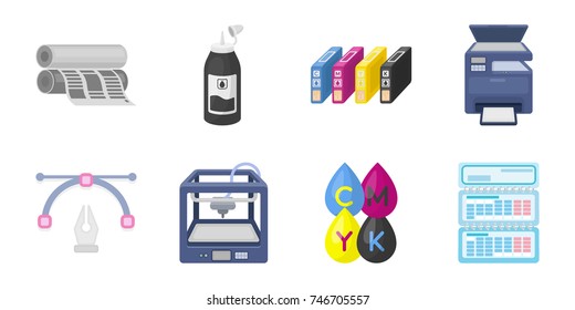 Typographical products icons in set collection for design. Printing and equipment vector symbol stock web illustration.