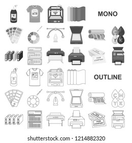 Typographical products monochrom icons in set collection for design. Printing and equipment vector symbol stock web illustration.