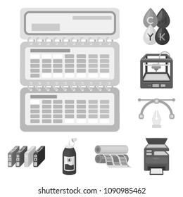 Typographical products monochrome icons in set collection for design. Printing and equipment vector symbol stock web illustration.