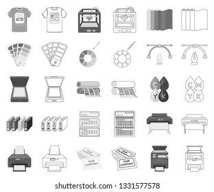 Typographical products monochrome,outline icons in set collection for design. Printing and equipment vector symbol stock web illustration.